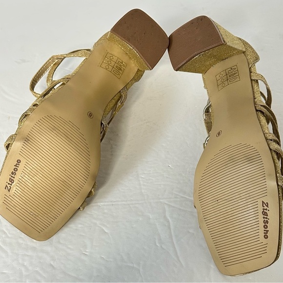 Gold Strappy Block Heel Sandals women size 8 sparkly zipper back 3’ heels party - Picture 12 of 15
